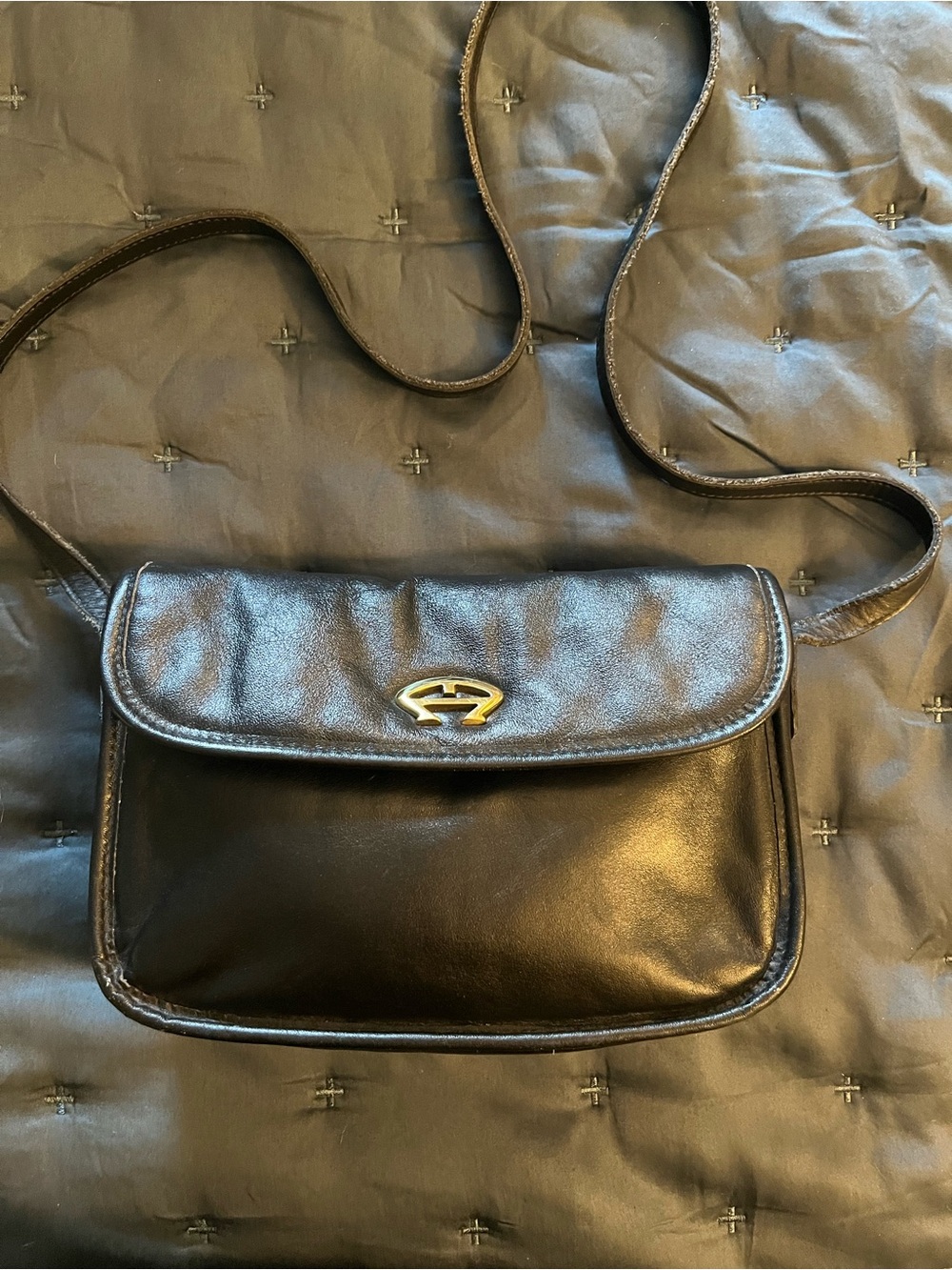 Vintage Etienne Aigner Classic Black Leather Crossbody Bag with Gold Accent